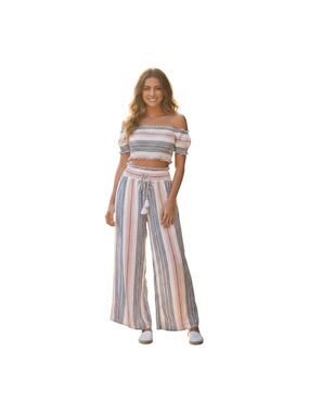 Kiwi & French Striped Cropped Smocked Top & Wide Leg Pants Set Boho Size M